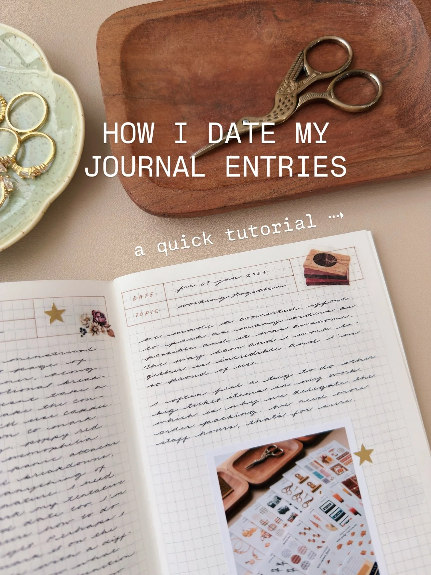 I put together a tutorial breaking down the way I make my date &amp; topic headers for my journal entries! Hope this was clear 🫶🏼

🤎 ginkgo notebook &amp; stickers from saricastudio.com

#journal #journaling #stickers #writing
