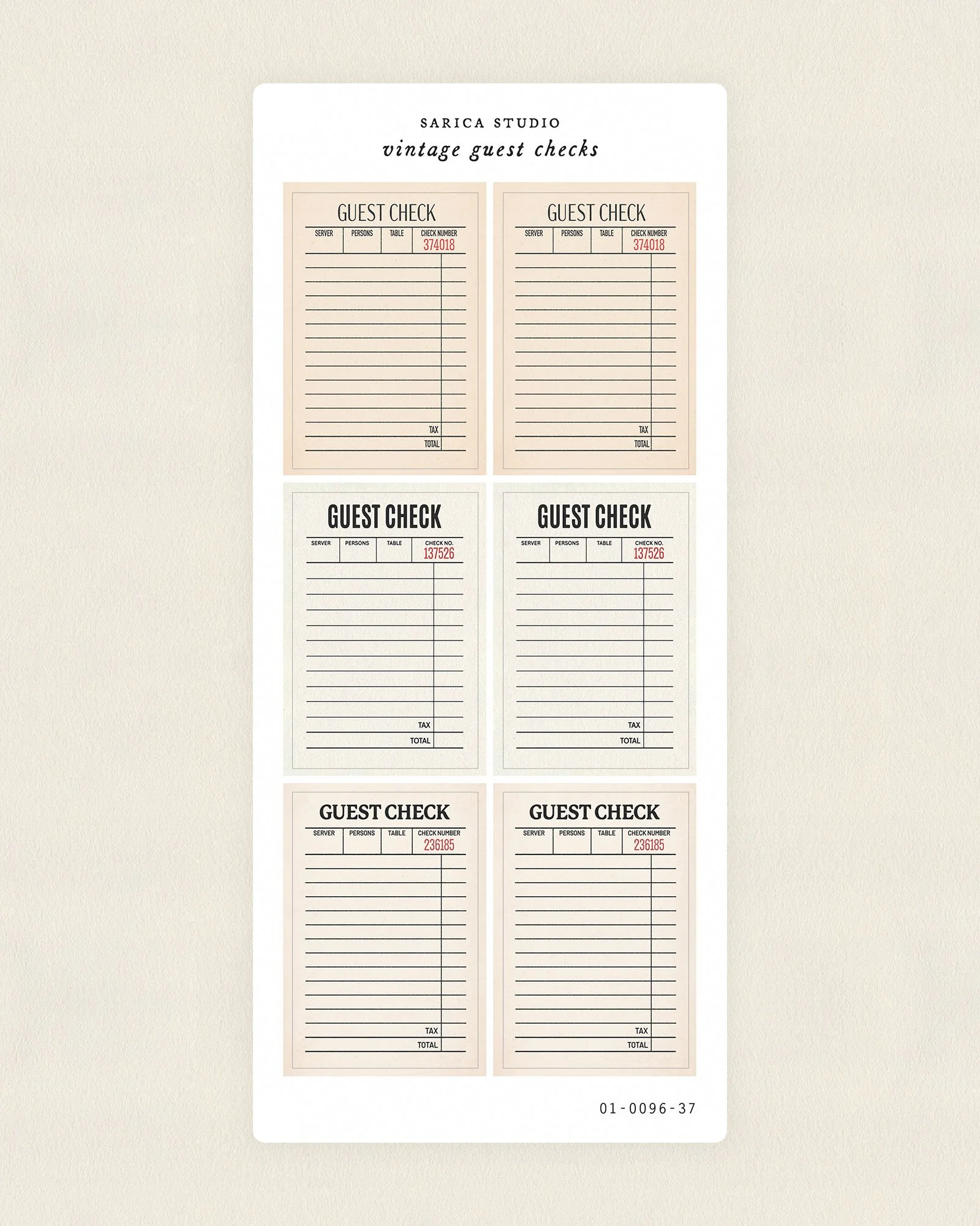 Vintage Guest Checks