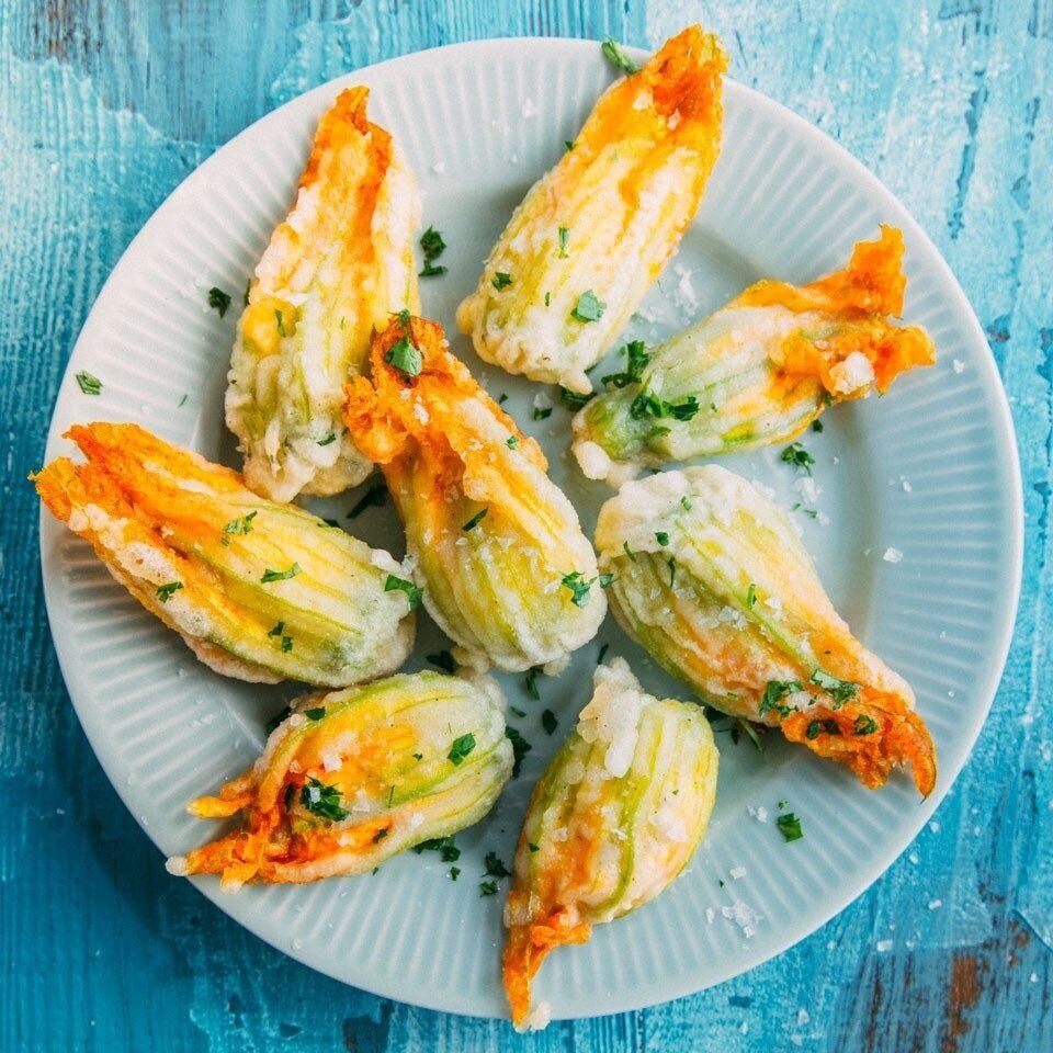 Zucchini Blossoms Stuffed with Manchego and Serrano Ham