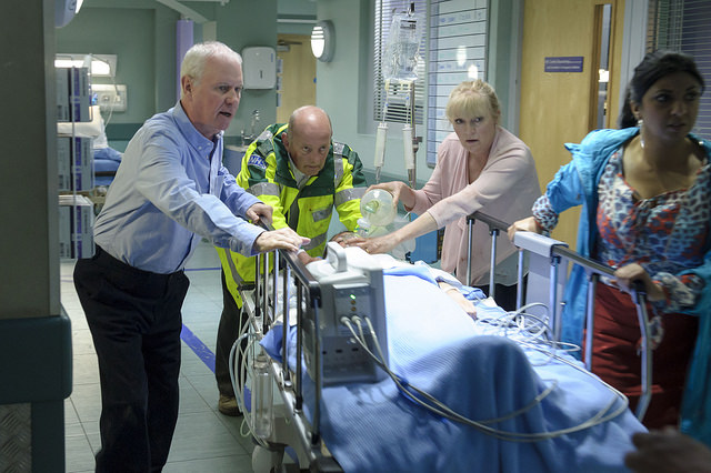 A Casualty action scene being filmed at the BBC Roath Lock studios Picture: BBC Cymru Wales