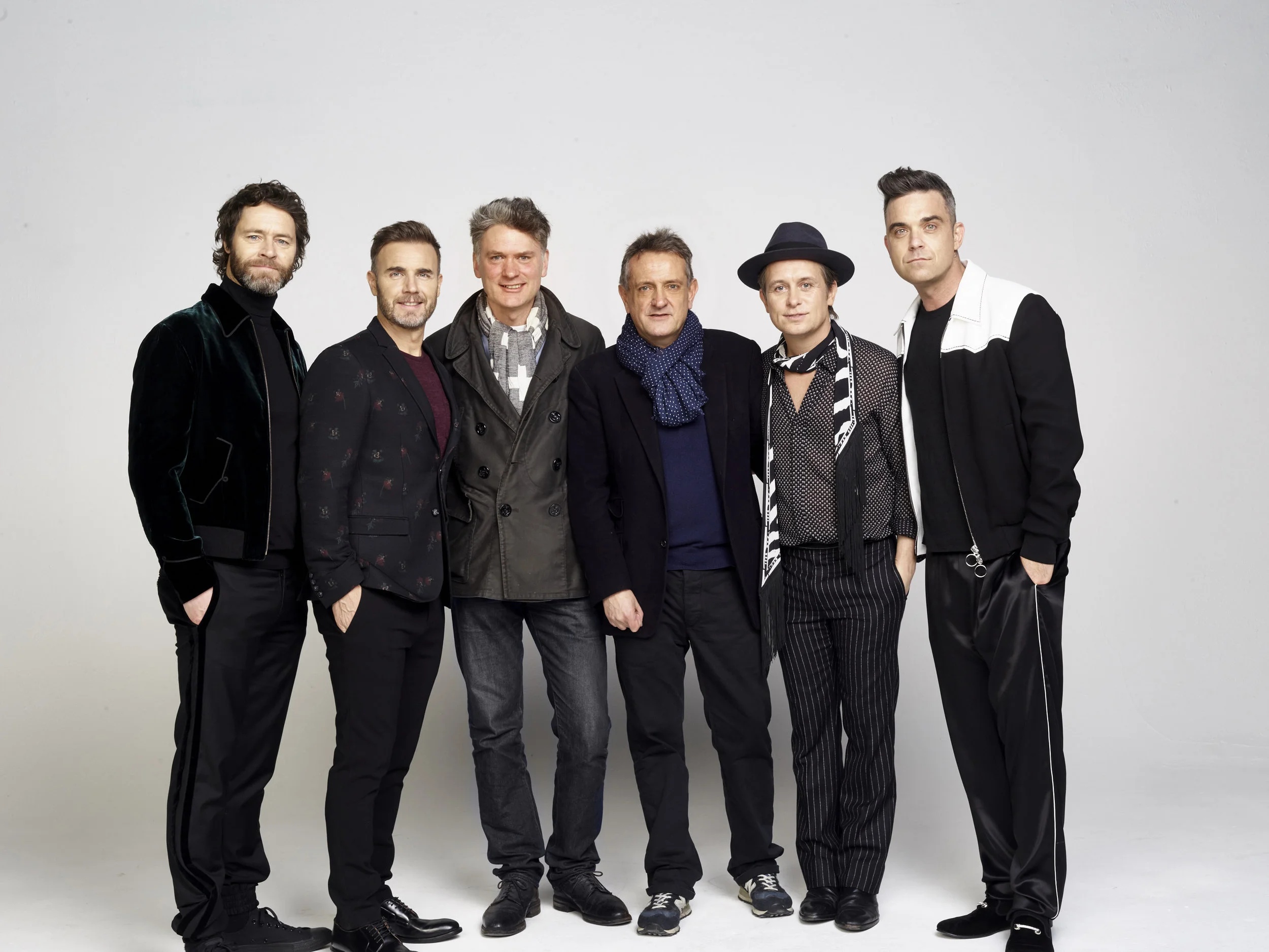 Pictured: Producers of The Band: Howard Donald, Gary Barlow, Dafydd Rogers, David Pugh, Mark Owen, Robbie Williams Credit Jay Brooks