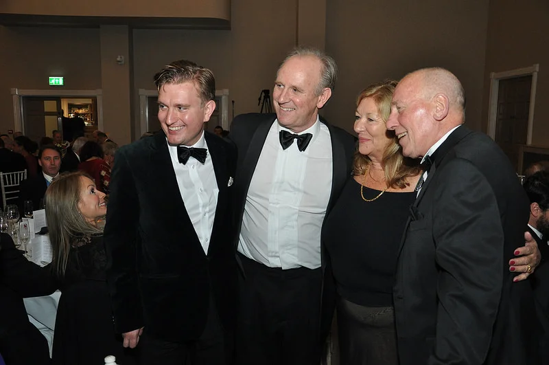 All Memories Great and Small author Oliver Crocker pictured with All Creatures Great and Small cast Peter Davison (Tristan Farnon), Carol Drinkwater (Helen Herriot) and Christopher Timothy (James Herriot) at the James Herriot Centenary meal in 2016. Photograph courtesy of Hans Altenburg