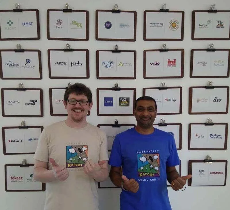 Craig Mapstone, left, director at W3iRDTRiANGL3, and Vik Yadh promoting the official Caerphilly Comic Con T-shirt at the ICE Business centre in Caerphilly. W3iRDTRiANGL3 designed the official T-shirt and will be selling it on the day (pre-orders via their website http://www.weirdtriangle.com/ )
