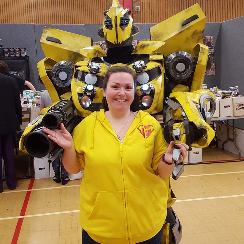 Geekedfest organiser Laura Austen pictured with Bumblebee at Geekedfest 2016
