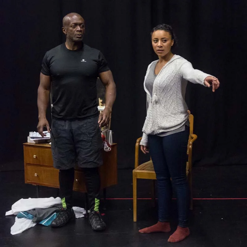 Rebecca Carrie and Mensah Bediako in rehearsals for Theatre Fio's The Mountaintop, which tours South Wales during October. Photo: Kieran Cudlip