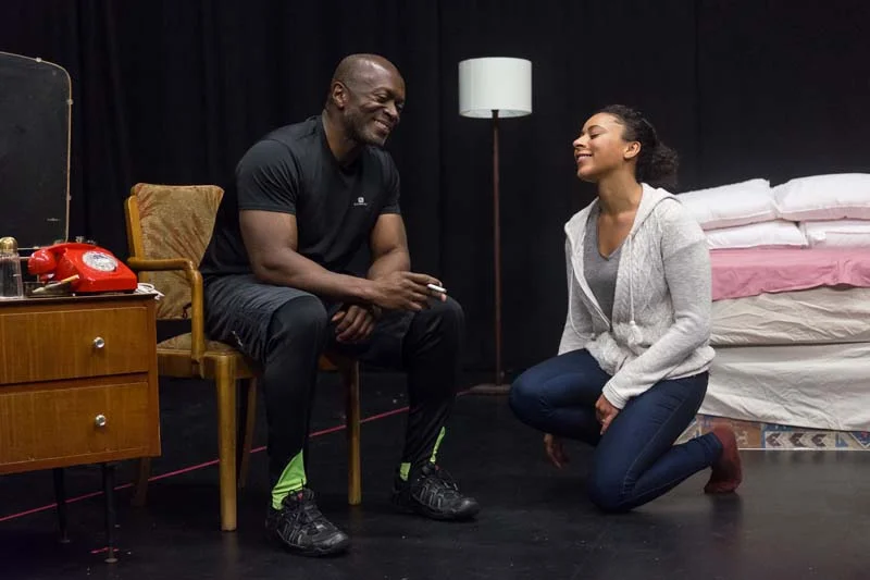 Rebecca Carrie and Mensah Bediako in rehearsals for Theatre Fio's The Mountaintop, which tours South Wales during October. Photo: Kieran Cudlip