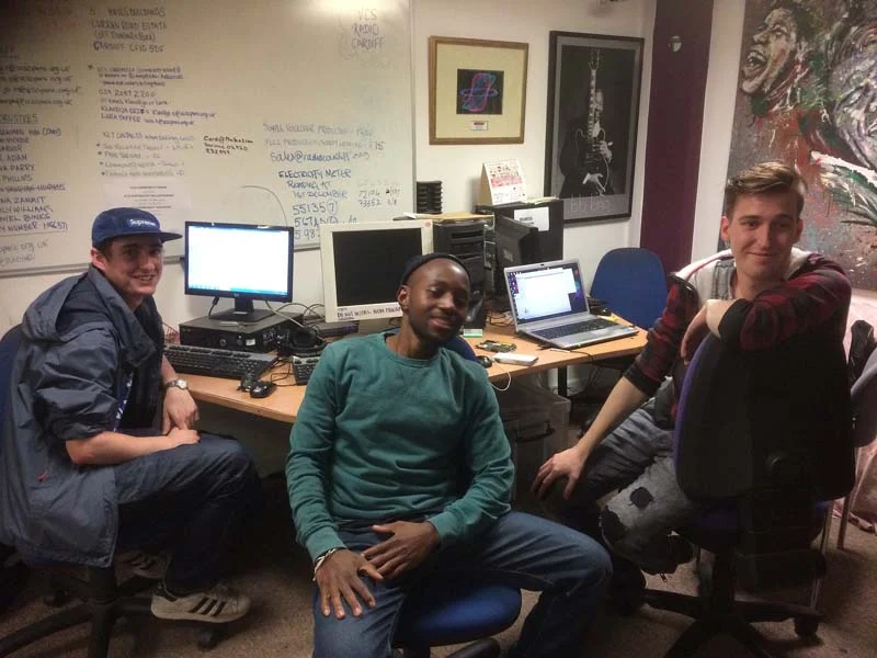 Studio technician Johnny (pictured left) with some of the Radio Cardiff interns who help put some of the stations programmes together. 