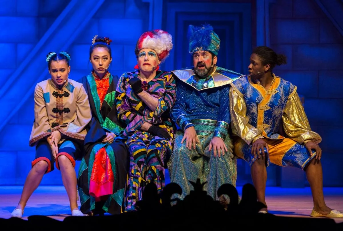 Aishah Numah, Sunny Yeo, Liam Tobin, Richard Elis and Nickcolia King N’Da in Newport Riverfront's 2017 pantomime, Aladdin