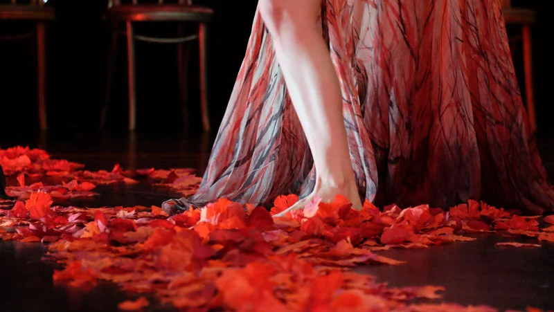 Sara Lloyd-Gregory as Blodeuwedd in rehearsals for Theatr Pena's Woman In Flowers (photo: Holly McCarthy)