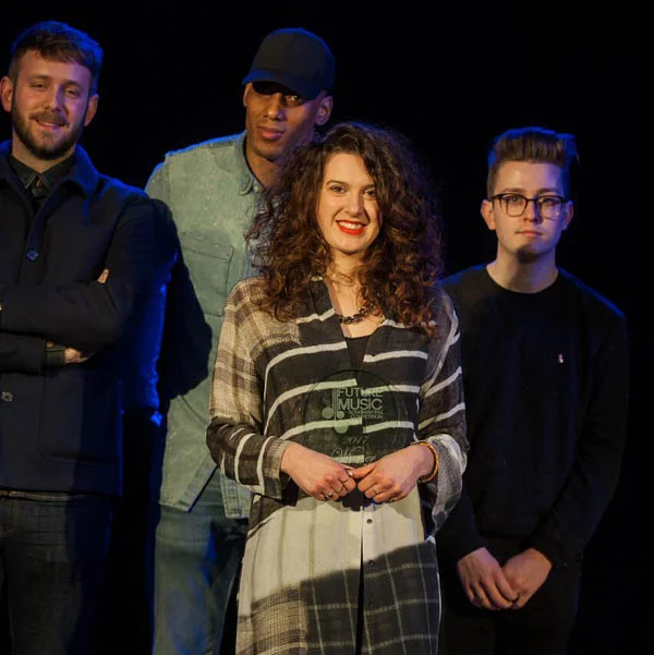 Cardiff singer/songwriter Evie Rowlands pictured with finalists at Grand Final of Future Music's National Songwriting Competition 2017