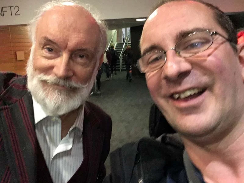 Andy Howells pictured with Hitchhikers Guide To The Galaxy s tar, Simon Jones (Arthur Dent) at the Hitchhikers Guide To The Galaxy Blu-Ray launch at the BFI Picture: Andy Howells