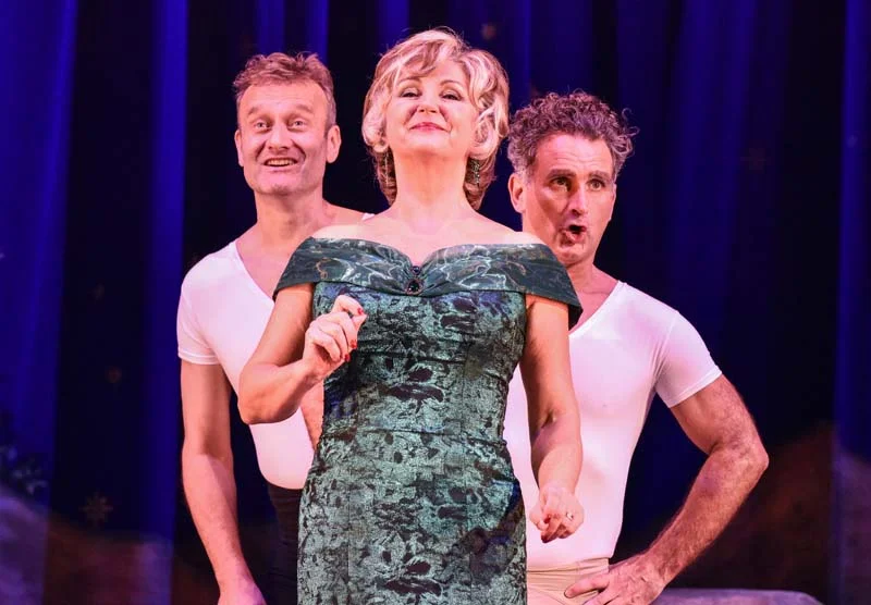 John Marquez as Ronald Bream, Lesley Garret as Mrs Leonora Fflyte and Hugh Dennis as Maurice Rose in The Messiah playing Cardiff’s New Theatre from 29 October until 3 November. Pictures by Robert Day