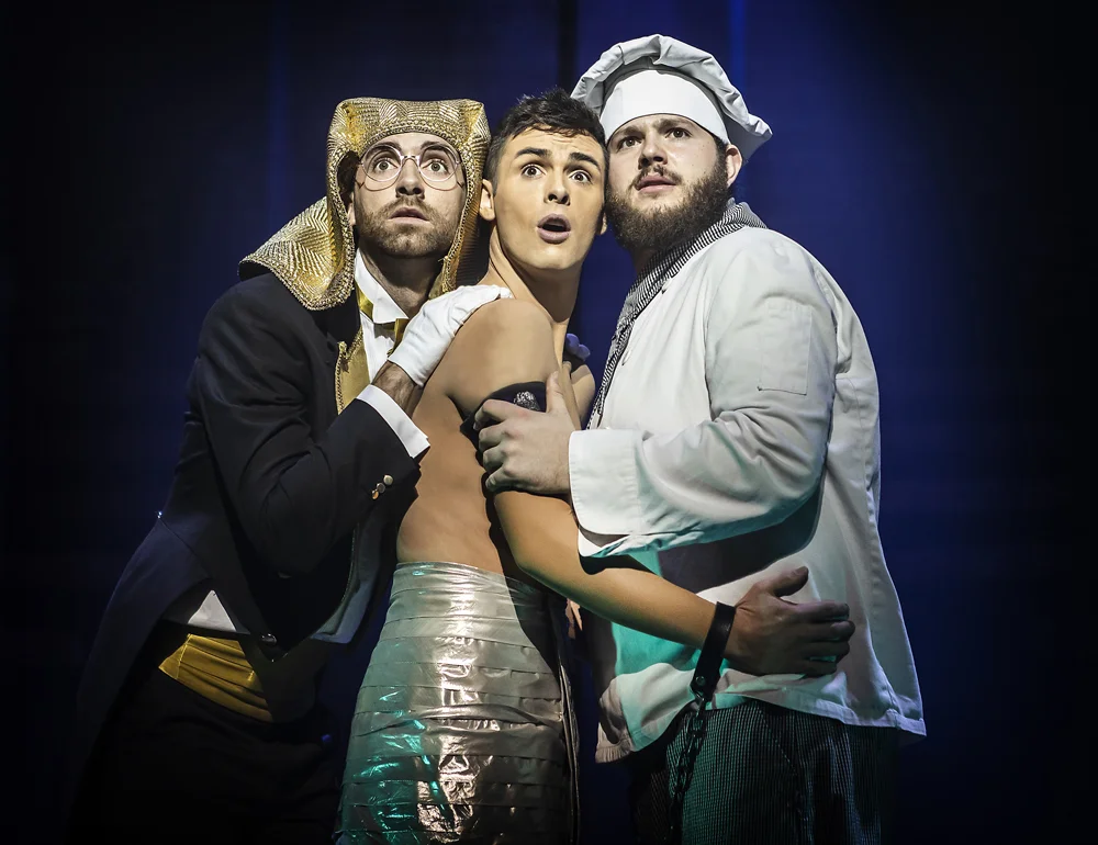 Lewis Asquith (Butler), Jaymi Hensley (Joseph) & Ed Tunningley (Baker) in Joseph & The Amazing Technicolor Dreamcoat , UK Tour Picture: Pamela Raith Photography