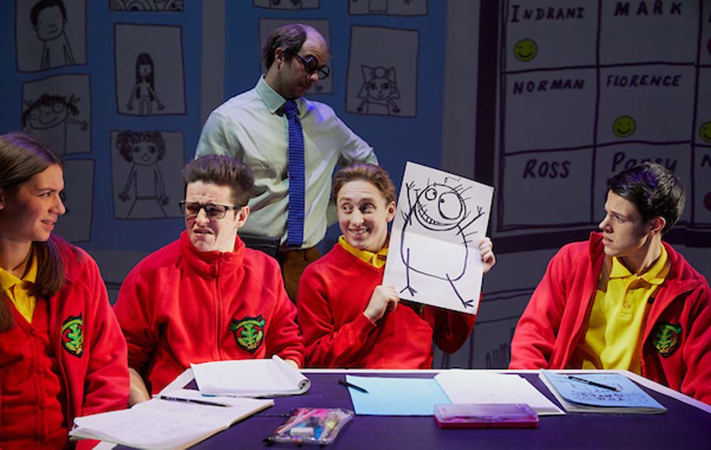 Justin Davies (second from left) with the cast of Birmingham Stage Company’s Tom Gates - Live On stage, which comes to Cardiff’s New Theatre from Wednesday 24 - Sunday 28 April 2019. Photo: Mark Douet