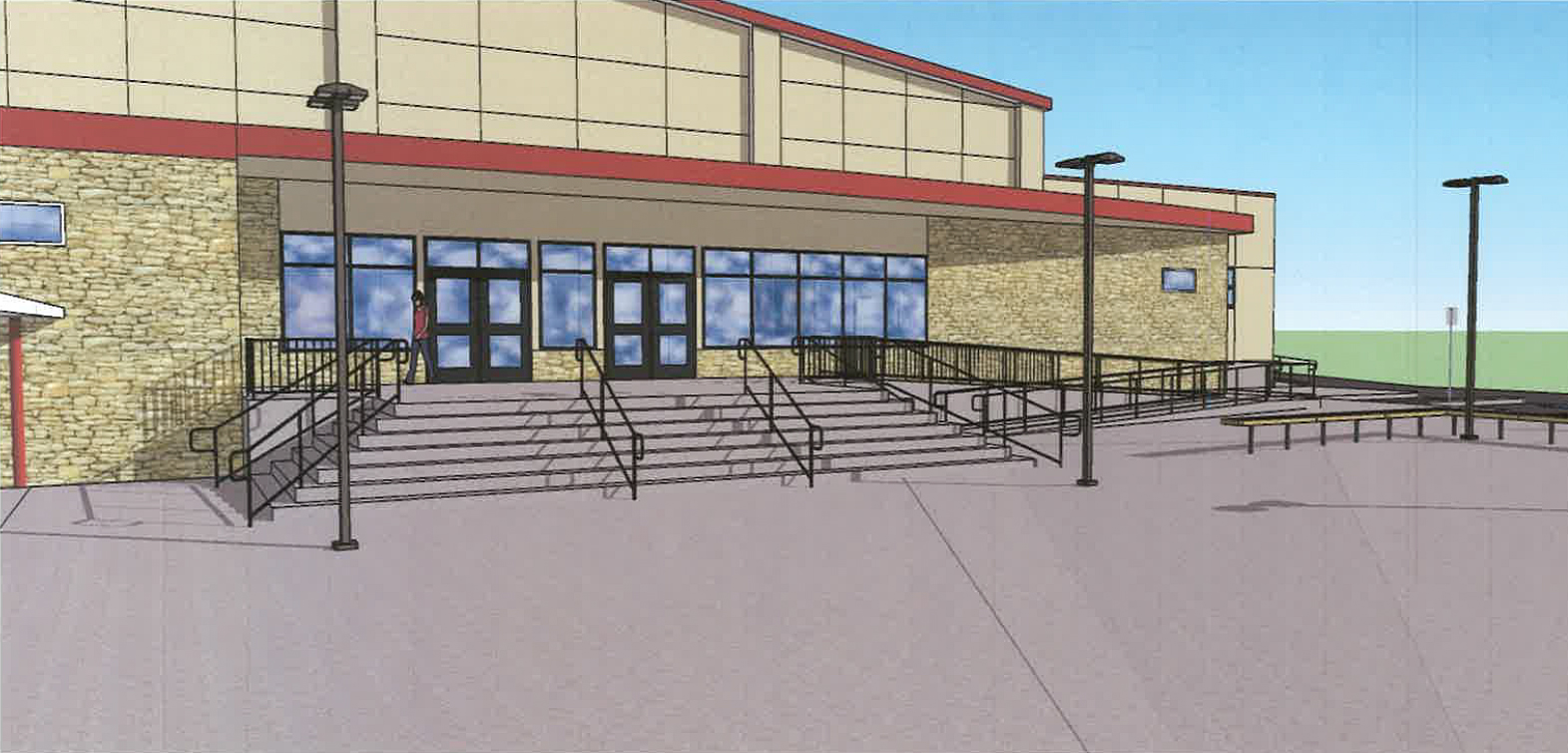 An architect's rendering shows the front of South Fork High School's planned new gymnasium. (Siskiyou Design Group)
