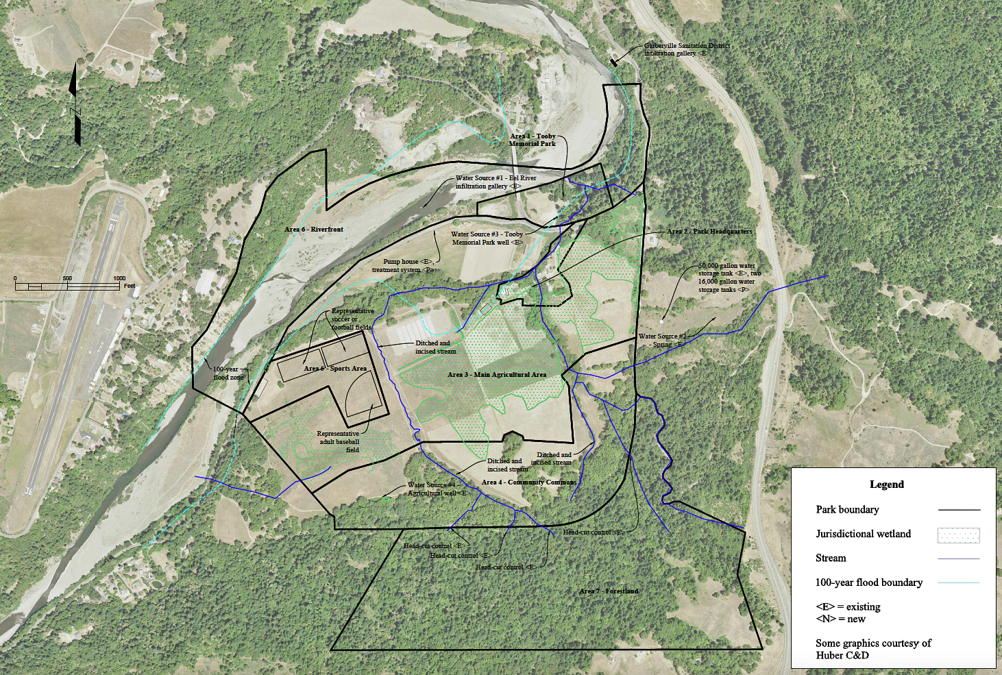 A site plan for a Southern Humboldt Community Park hydrologic study. The bulk of the water that would be used for the proposed athletic fields during the dry portion of the year would be drawn from "Water Source #1, the Eel River infiltration gallery." (Brad Job, Pacific Watershed Associates)