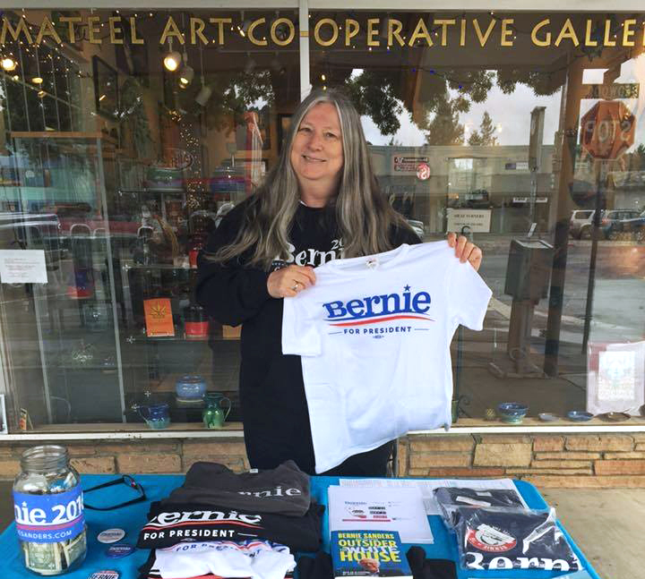 Redway resident Gillian Brown, shown tabling for Bernie Sanders in April, said on Wednesday, "Those of us who are his campaign people will keep on going." (Photo courtesy of Gillian Brown)