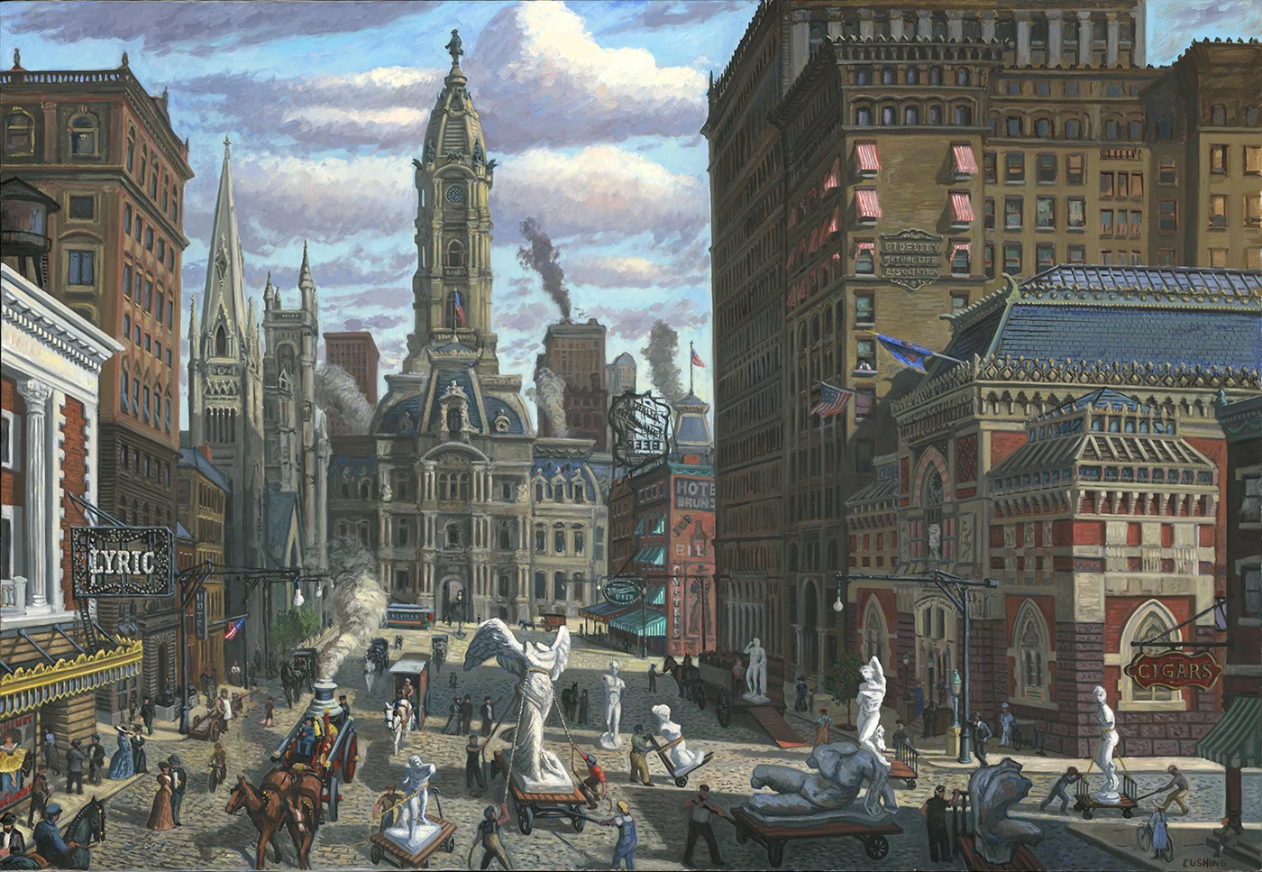 "North Broad Street, Philadelphia, Circa 1905" A recently completed large painting (fancifully) depicting the delivery of the antique cast collection to The Pennsylvania Academy or the Fine Arts, circa 1905.