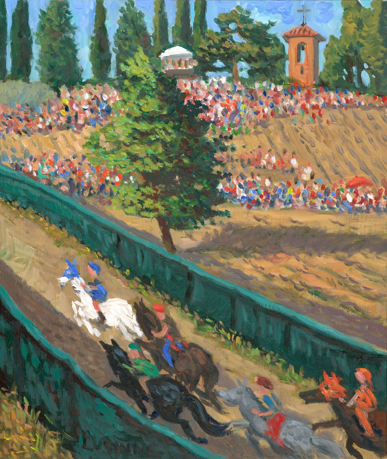 painted from life during a "palio" (horse race) in a small Tuscan town. The horses were painted from an impression that was based on observing them for about two seconds!
