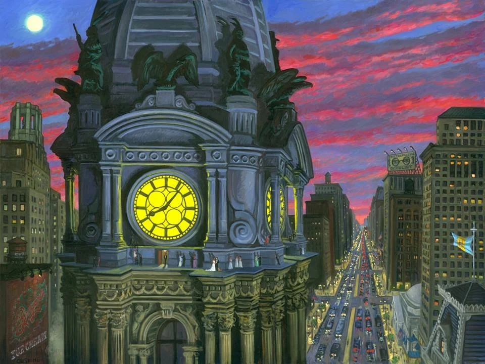 a commissioned painting, "Wedding with Yellow Clock." The client and his bride are on the ledge with their wedding party!