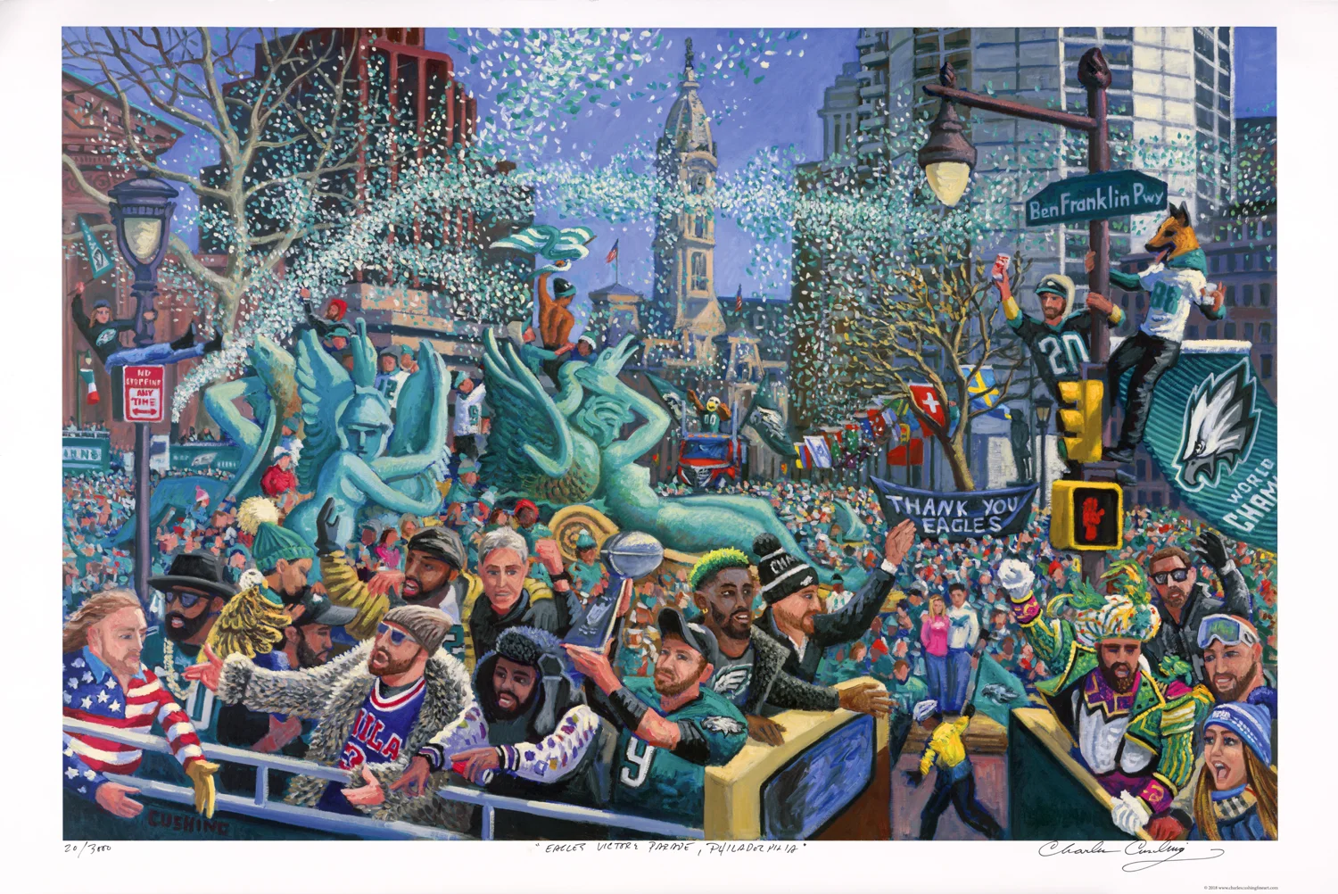 Hot off the press! My "Eagles Victory Parade" painting is available as a 24 x 36" offset lithograph on 100 lb paper, signed, titled, and numbered in my hand beneath the image (see photo of the print itself). This image is ALSO available as a high-quality "giclee" canvas print in four sizes; 18x 27" ($250.00), 24 x 36" ($350.00), 32 x 48" ($500.00), 40 x 60" ($800).These are prices for unmounted and unframed print, shipped rolled in a tube shipping is $10.00 extra. I also offer mounting and framing options, and special sizes. Click on STORE page to order or call me for details at 267-679-7853.