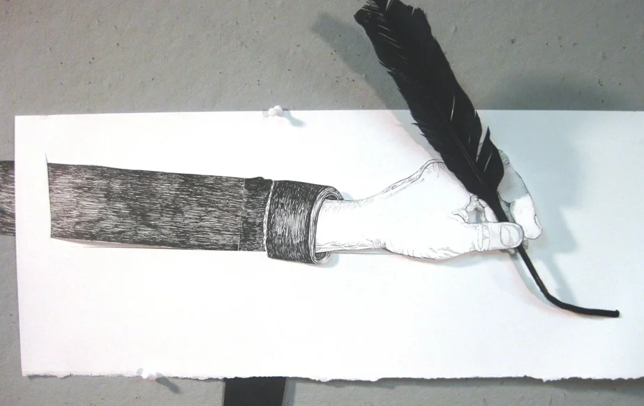 Lefty-ink, feather, pipe cleaner-18 by 12"-2015