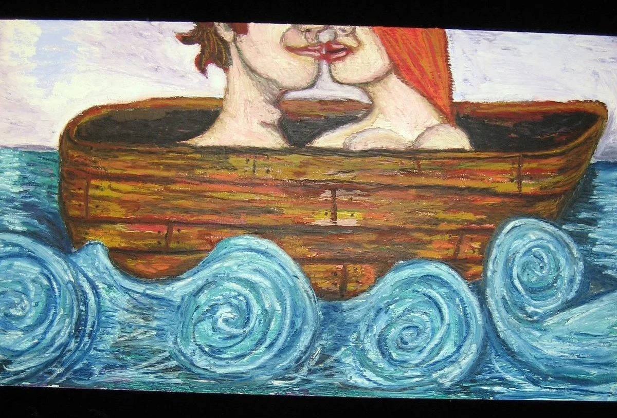 Lifeboat-acrylic, oil stick on wood-23 by 43"-2006