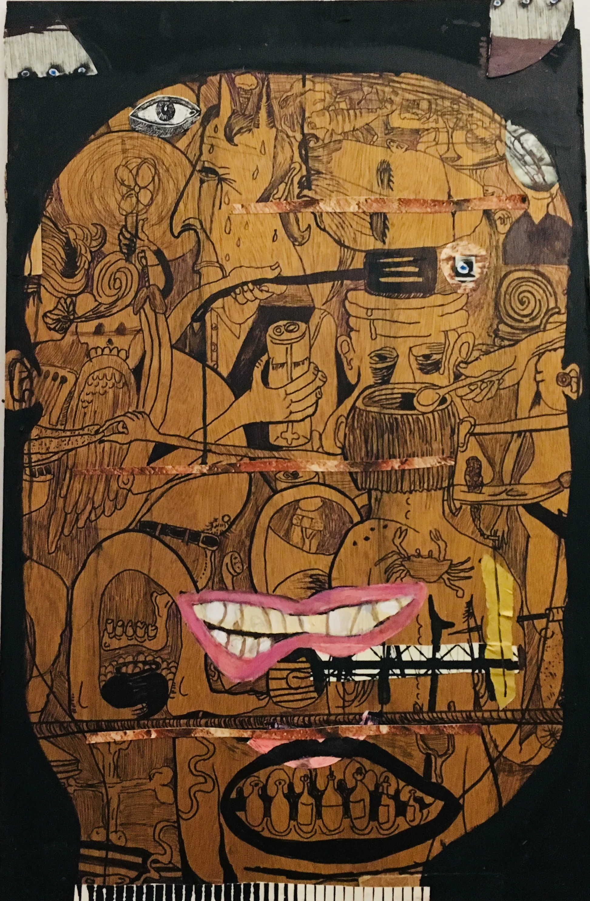 Crooked Smile-ink drawing and collage on wood-23 by 35 inches-2018