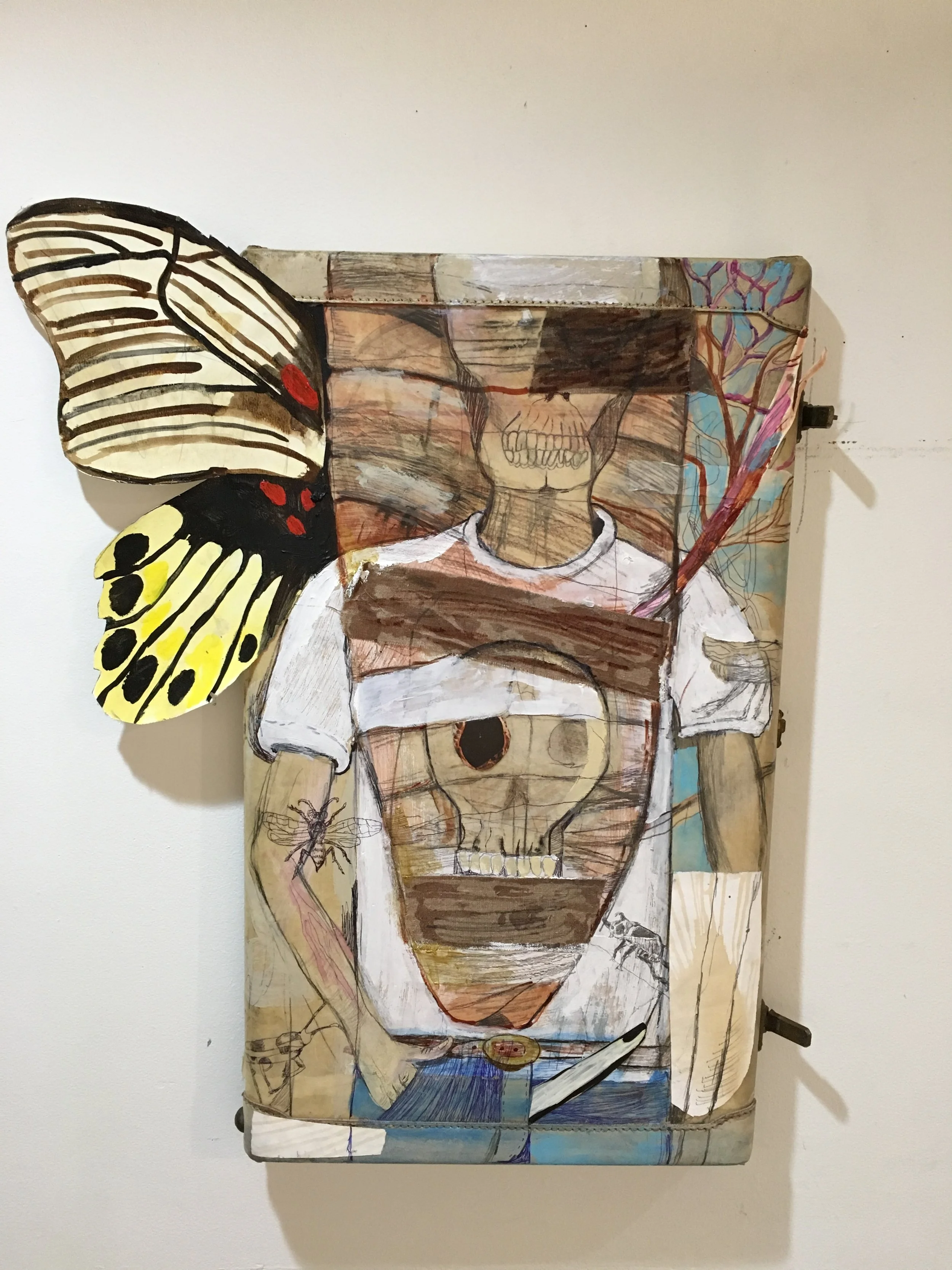 Cocoon-mixed media on suitcase lid-28 by 23 by 2 inches-2018