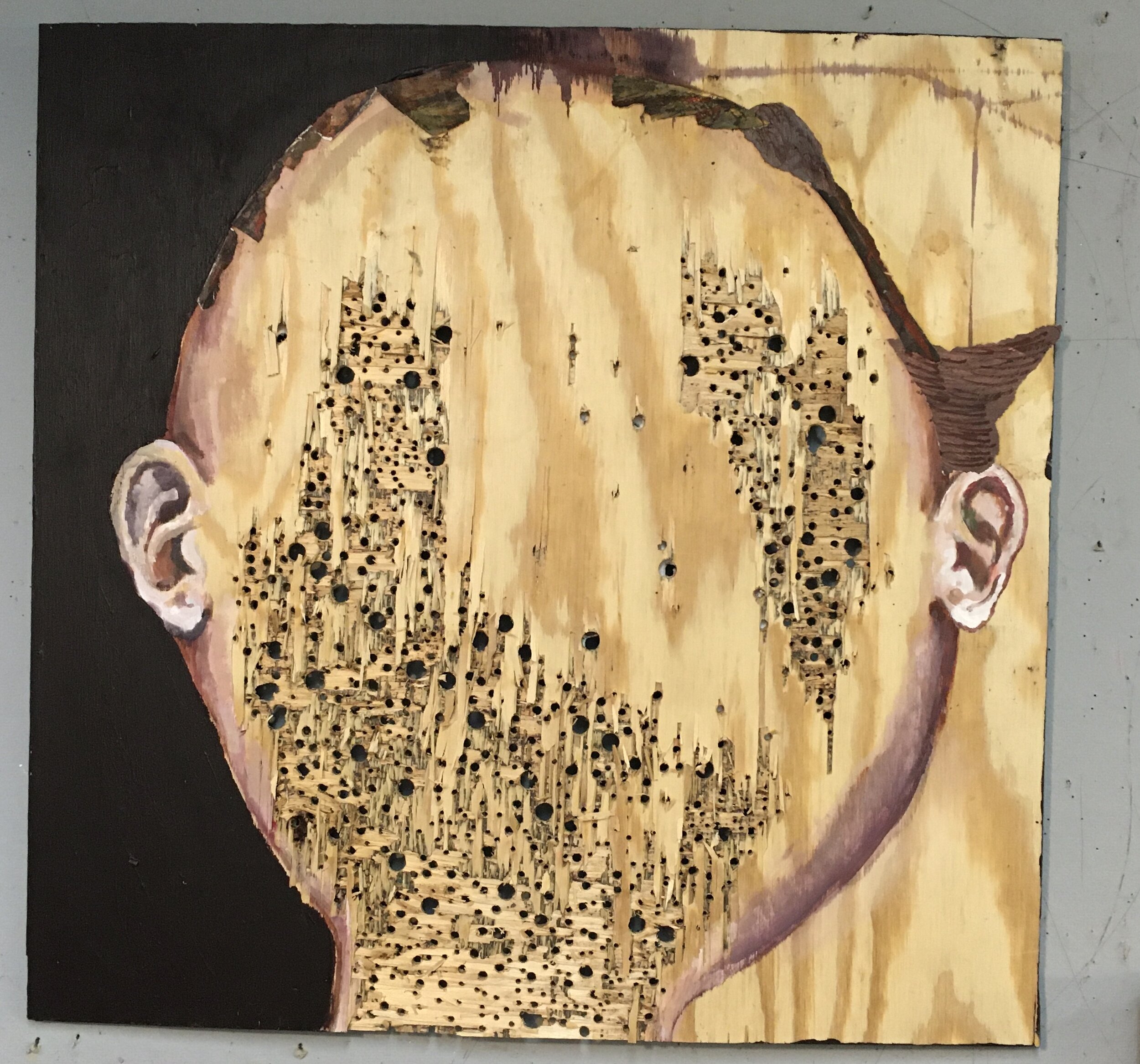 Souled acrylic on drilled wood  24 by 36 inches  2020