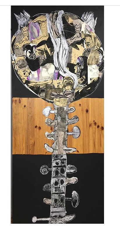 Out of tune mixed media on wood  31 by 74 inches  2019