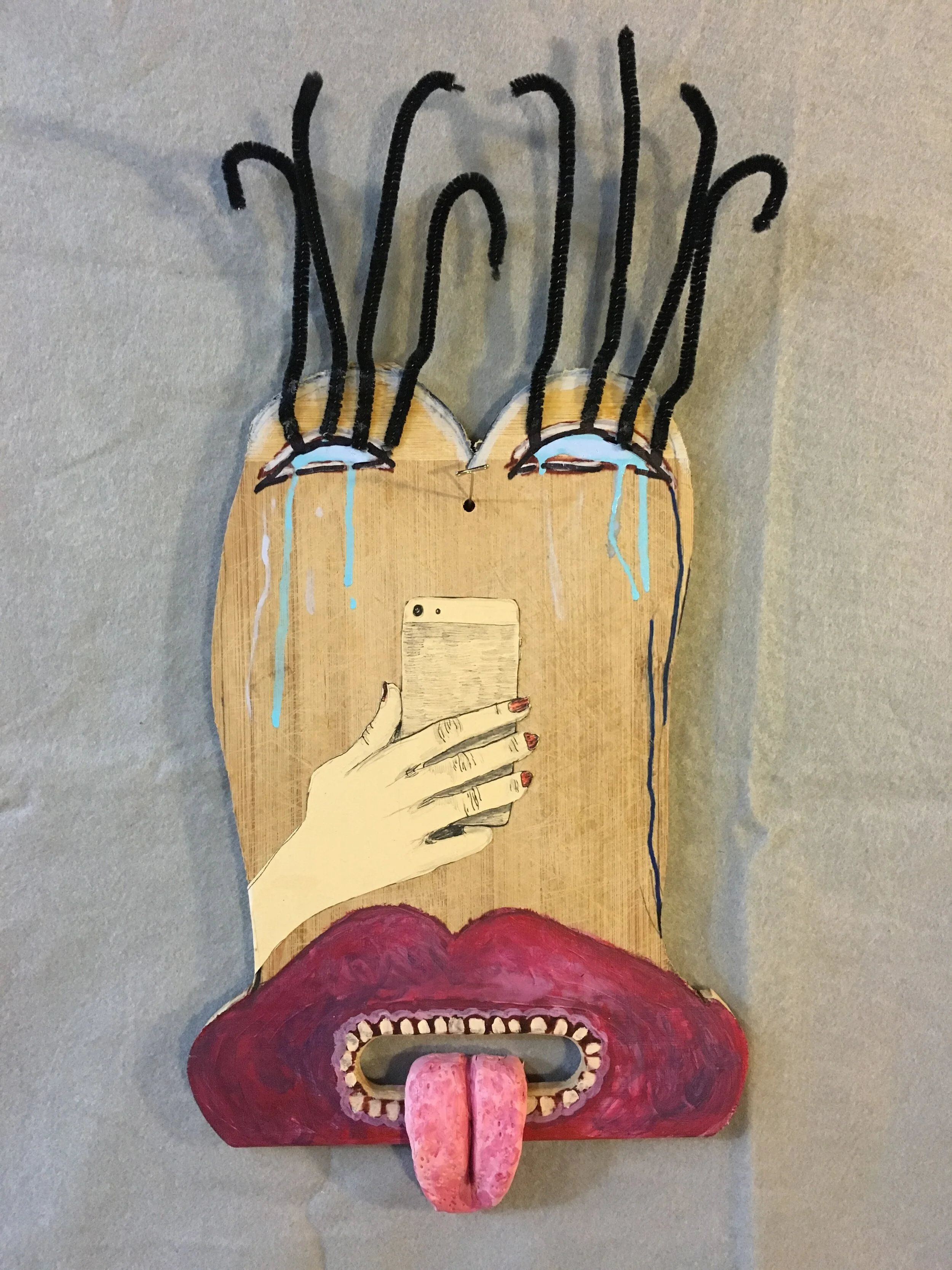 Nomophobia mixed media on wood 14 by 19 inches 2020