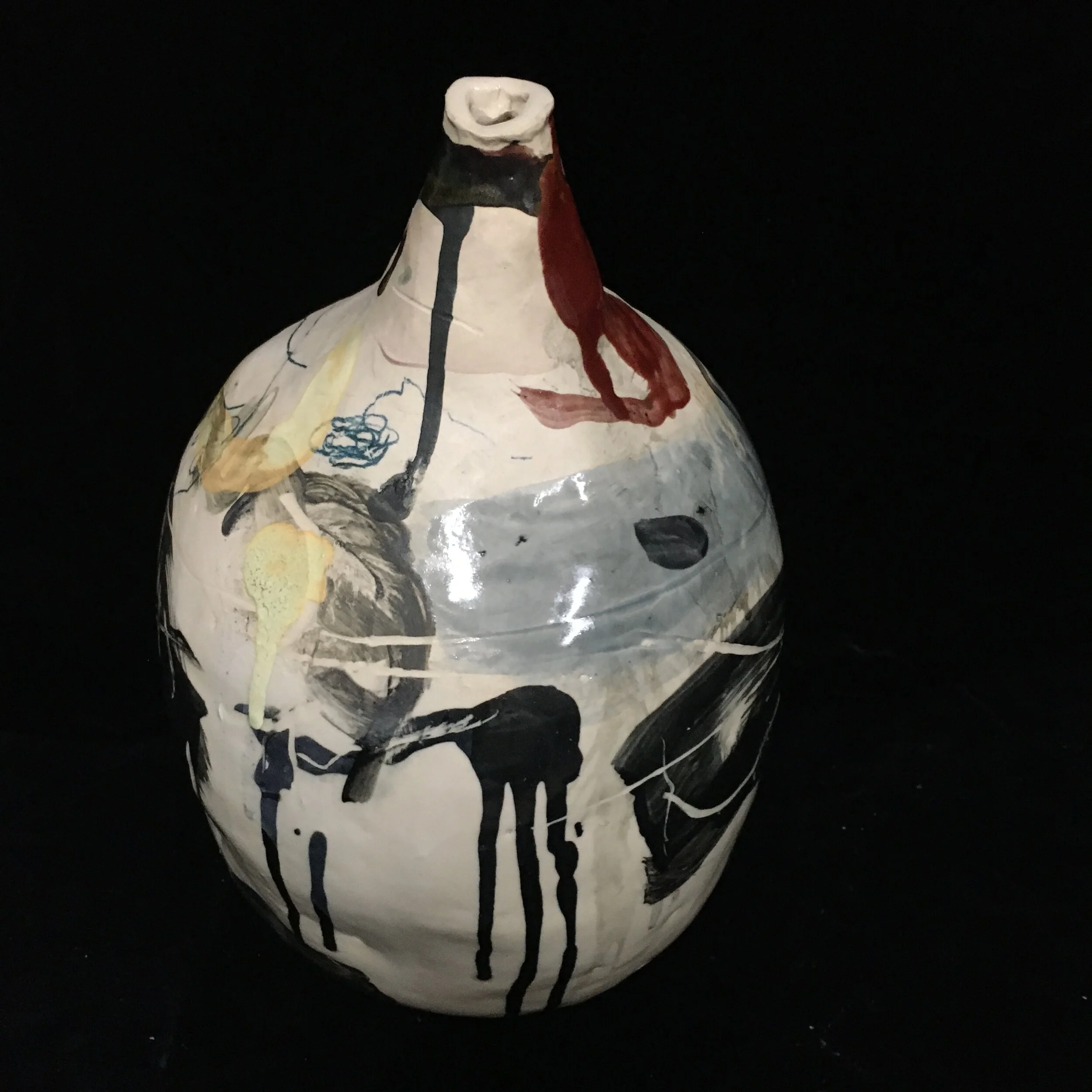 Moonshine jug  hand built stoneware with underglaze 7 by 12 inches 2019