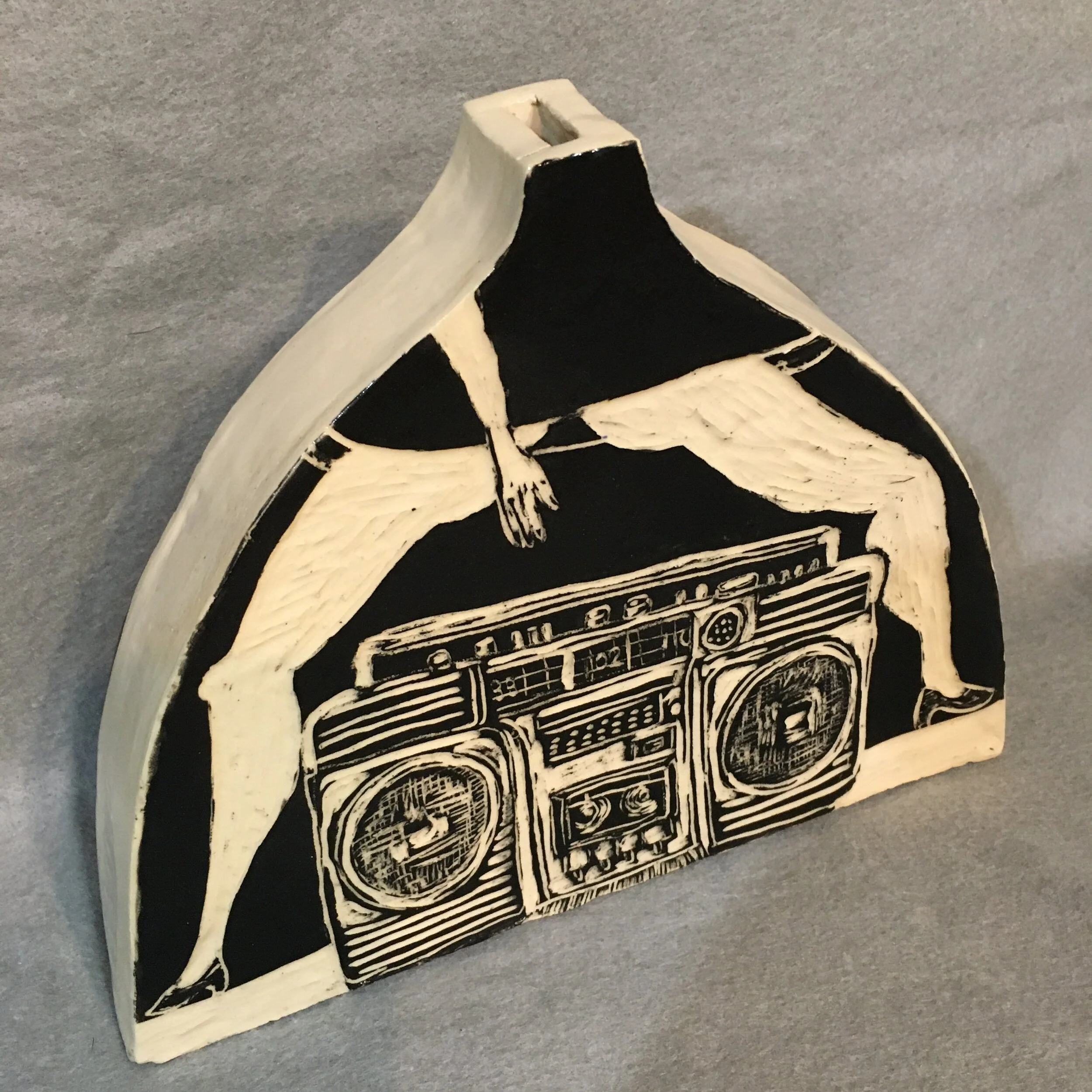 little black dress sgraffito on stoneware flask vase 8 by 9 by 1 inches 2020