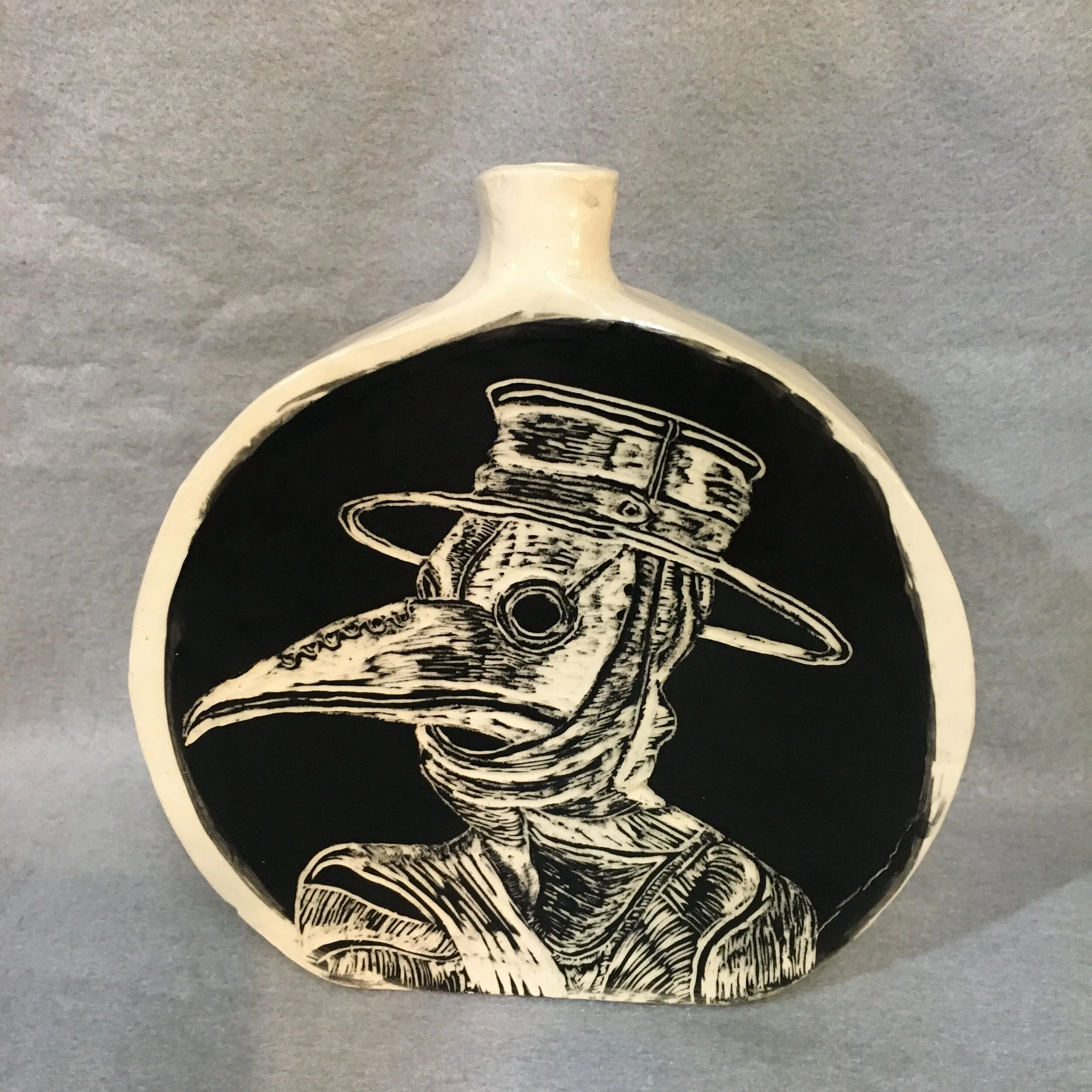 Plague sgraffito on stoneware flask vase 8 by 8 by 1 inches 2020
