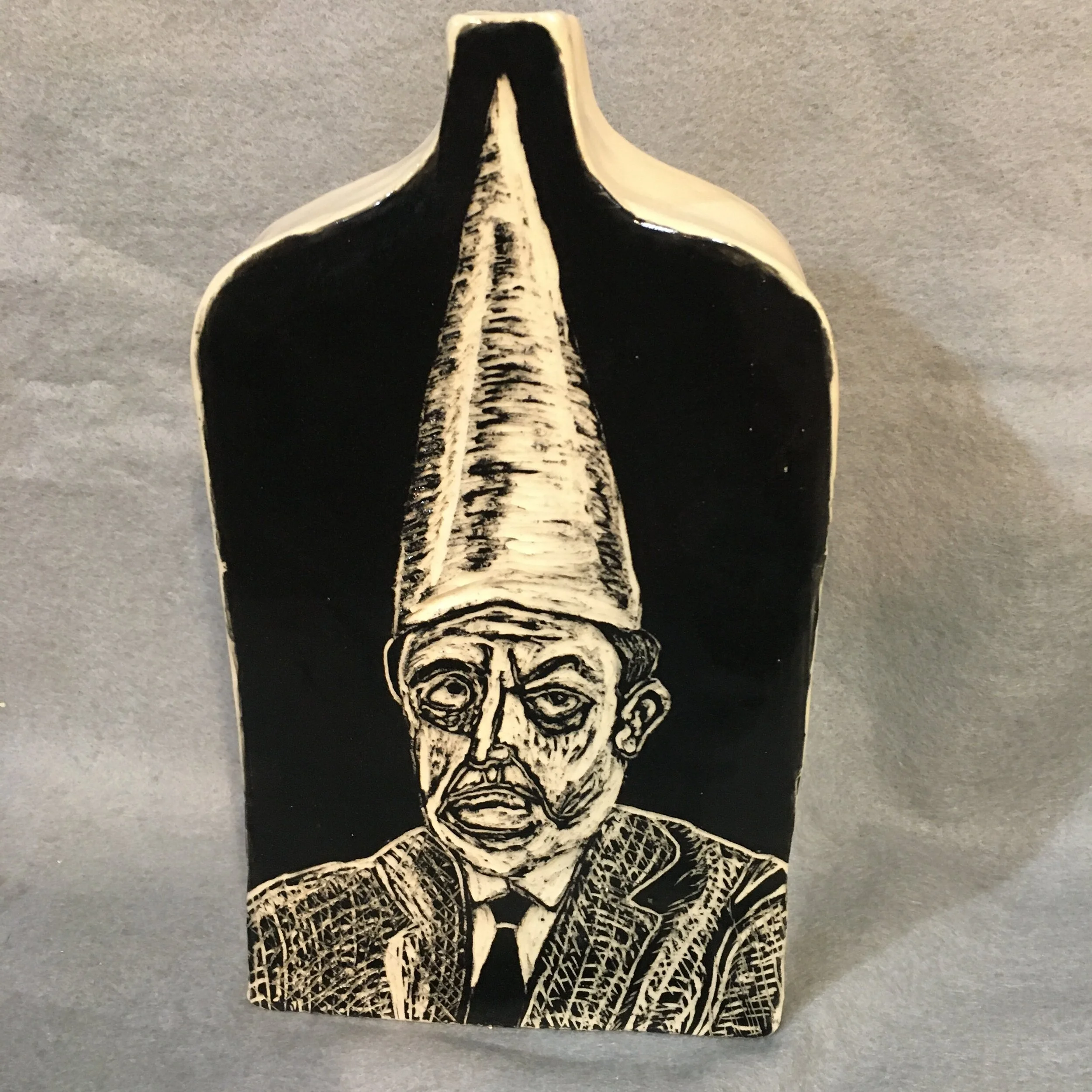 Idiots sgraffito on stoneware flask vase 9 by 5 by 1 inches 2020