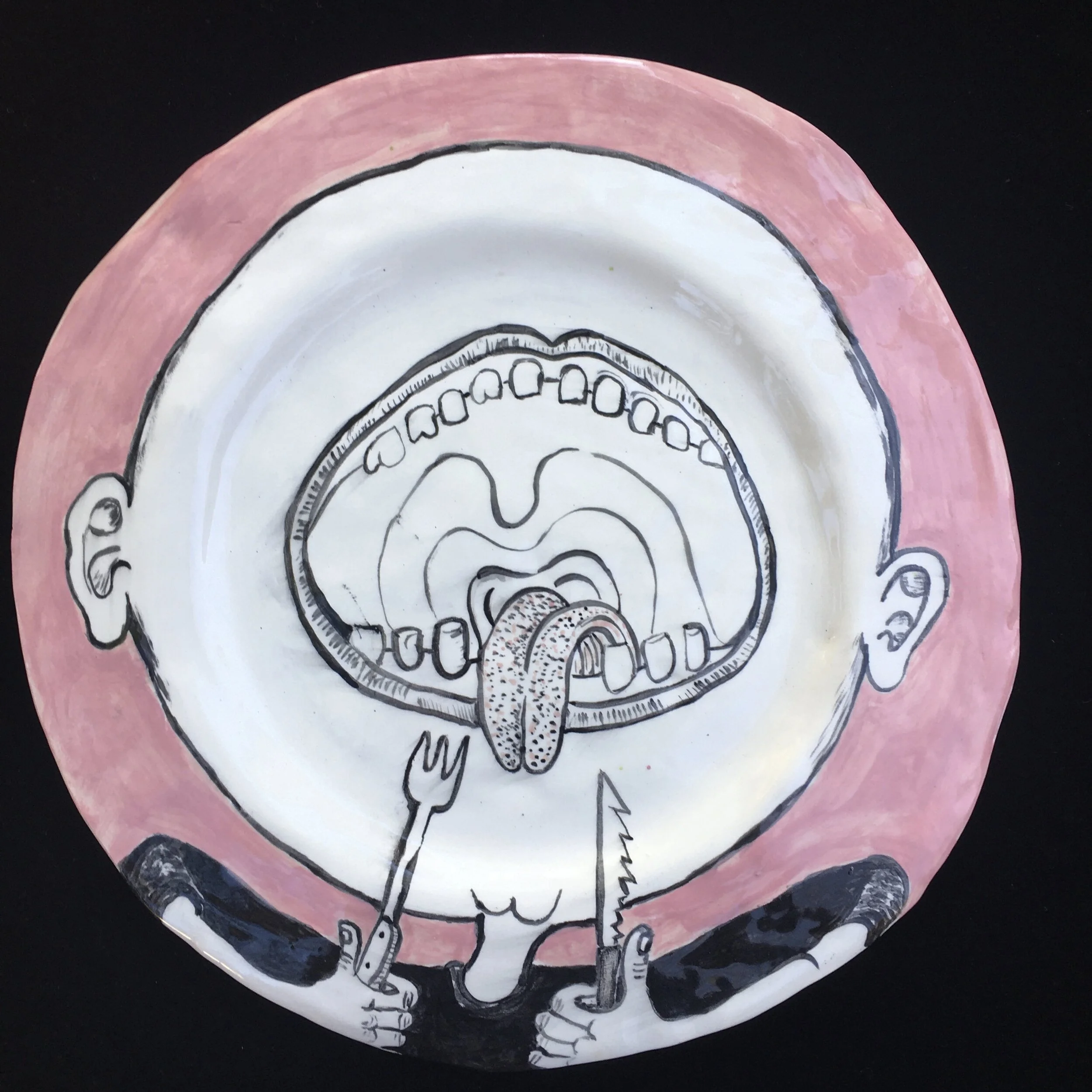 dinner time-underglaze on stoneware-10" diameter-2020