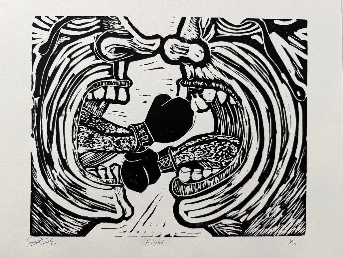 fight linocut 14 by 12 inches 2025