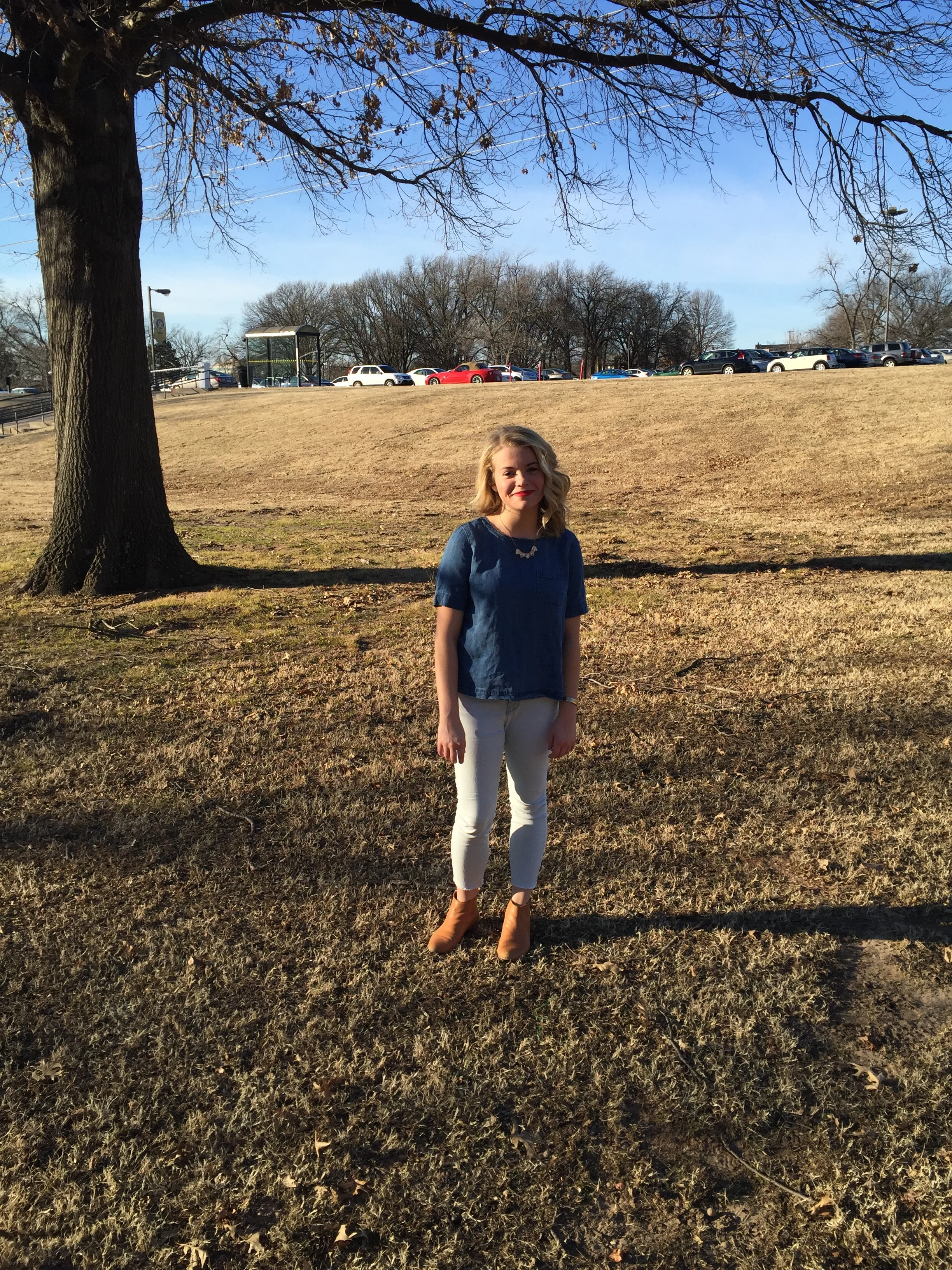 Chambray Shirt (LOFT), Lightwash Denim Cutoff Jeans (LOFT), Tan Leather Booties (GAP), Necklace (Lauren Conrad), and Bracelet (Rustic Cuff).