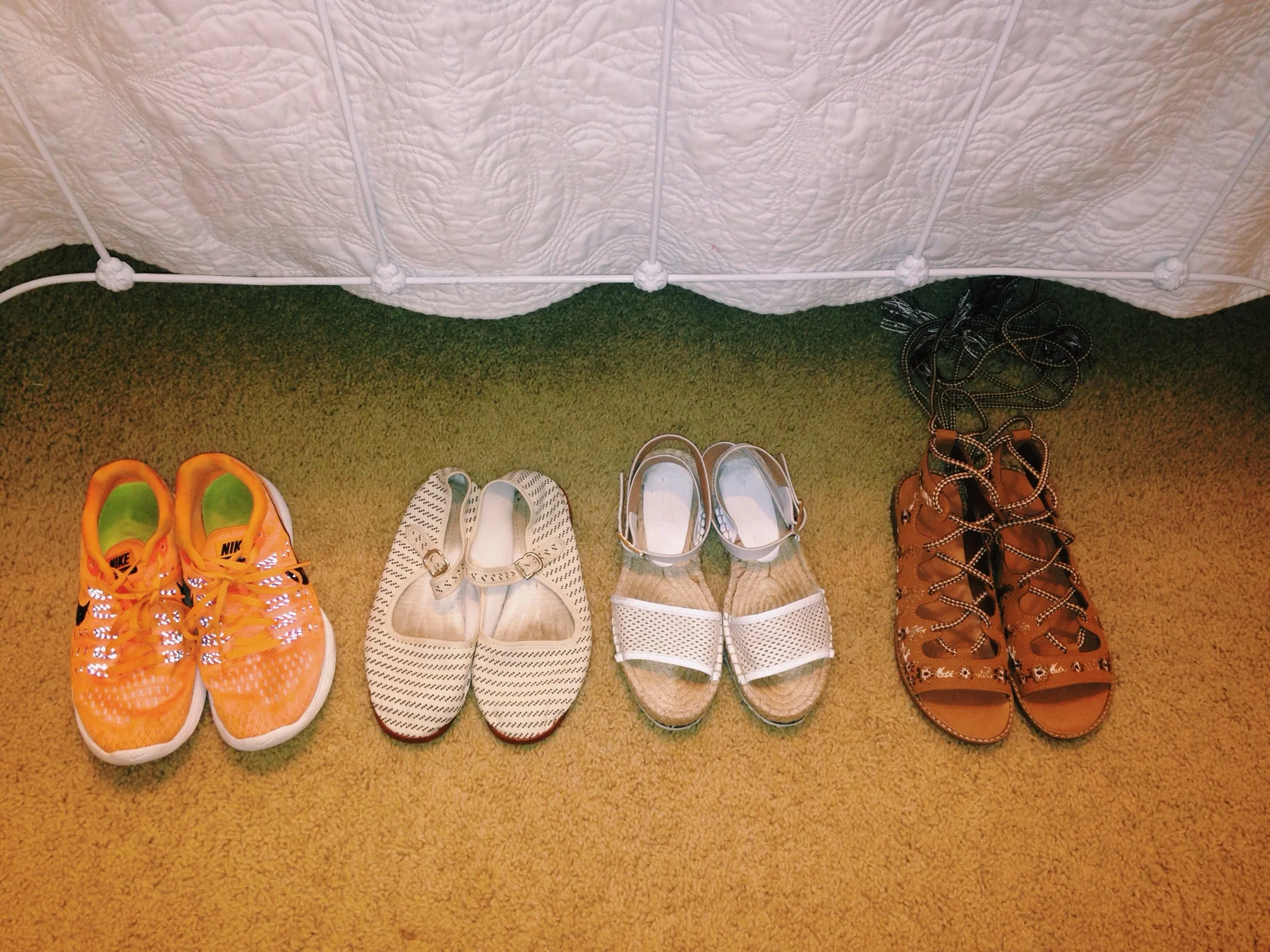 | Nike tennies: here | Mary Janes: Urban Outfitters | White Mesh Espadrilles: ASOS but they're sold out, similar here | Lace-Up Sandals: Forever21 |