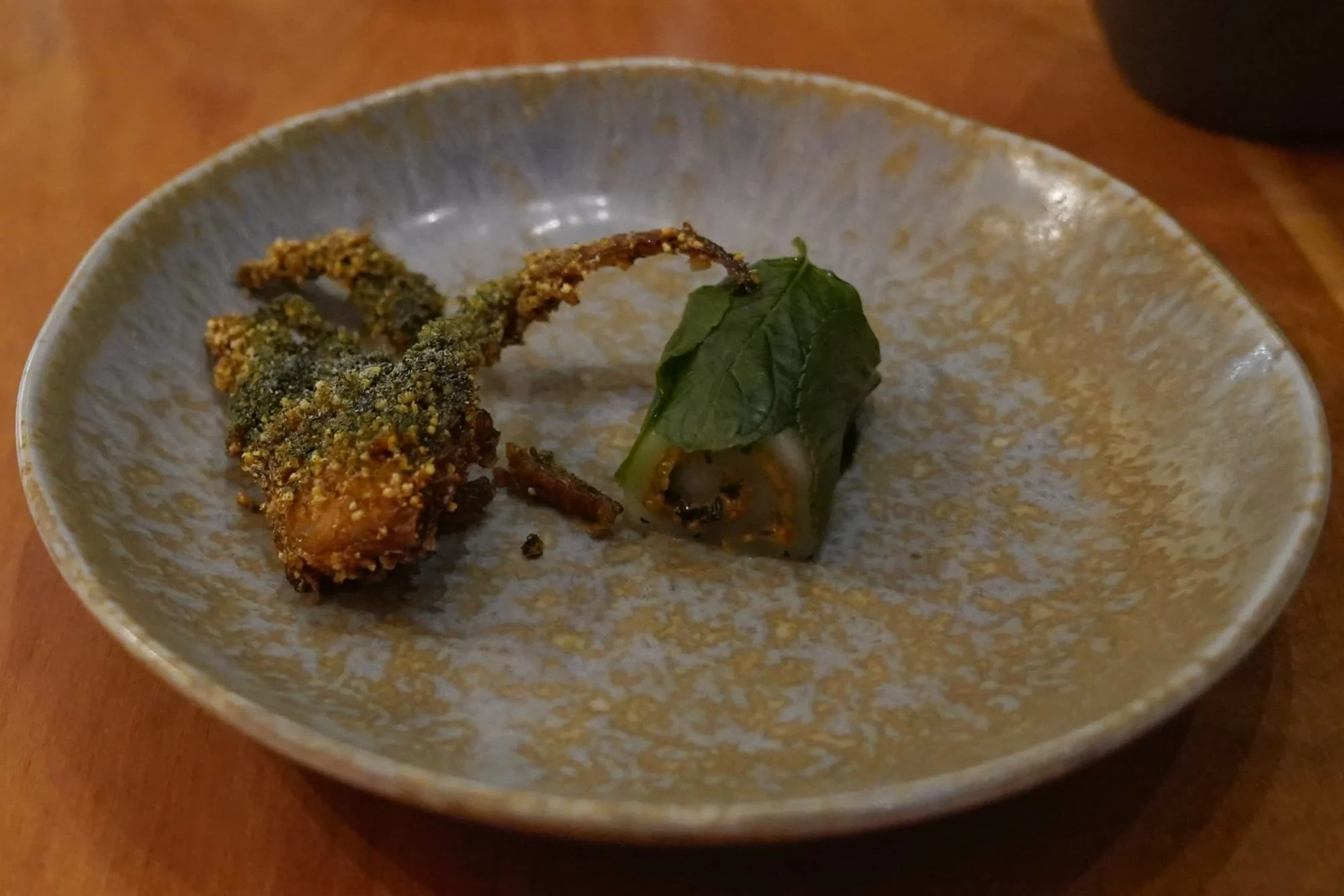 Soft shell crab, hoja santa and vinegar; and also mint and pistachio mochi.