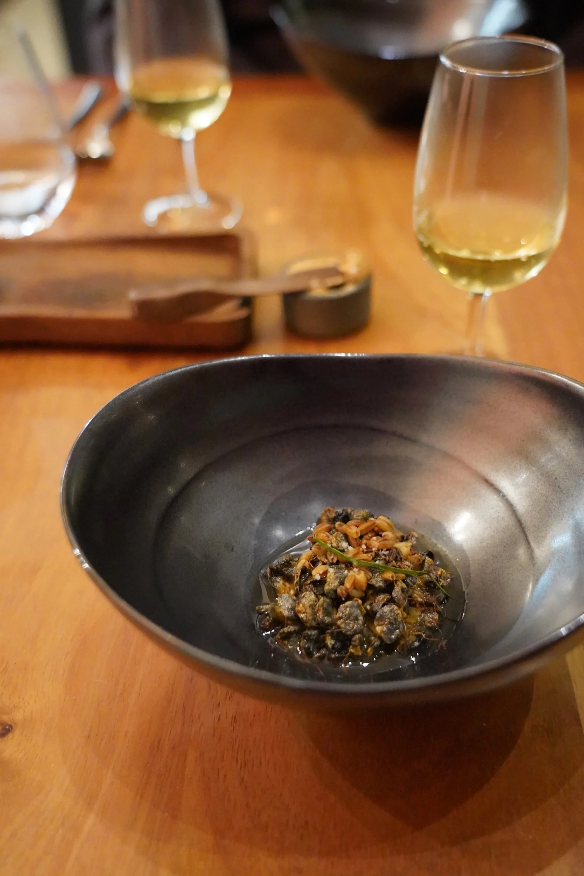 Cuitlacoche (which is a fungus that grows on corn) with barley and pipicha, which is a Mexican herb.