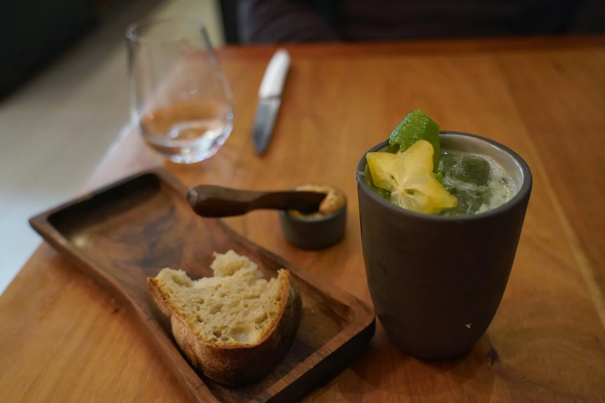 An amazing cocktail made with mescal and cucumber.
