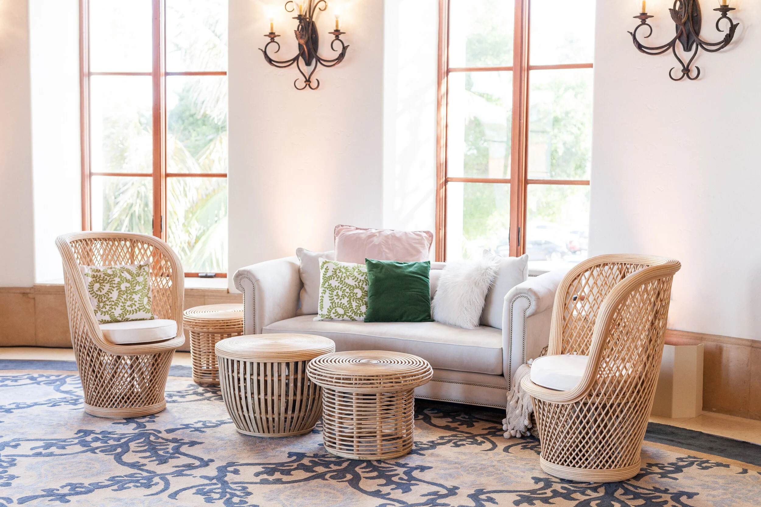 Kate and Alex opted for lounges around the dance floor in a natural tone to match their invitation suite and we popped the lounges with colorful pillows in green and blush