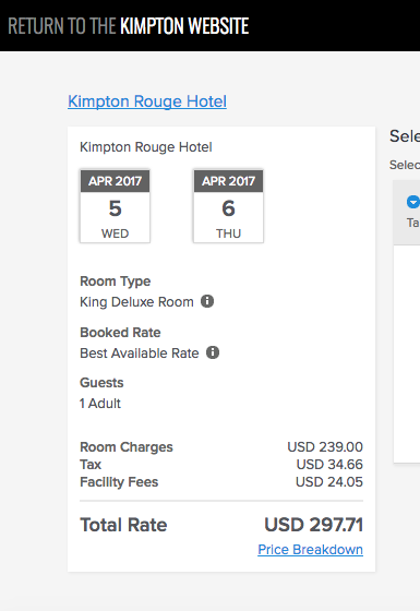 THE TAX AND FACILITY FEE IS TAKEN OUT OF ANY COMPARISON SEARCH - EXPEDIA, HOTWIRE, HOTEL TONIGHT - BUT WE WERE ABLE TO FIND THE SNEAKY FACILITY FEE AFTER MULTIPLE PAGES IN THE BOOKING PROCESS DIRECT ON THE KIMPTON SITE