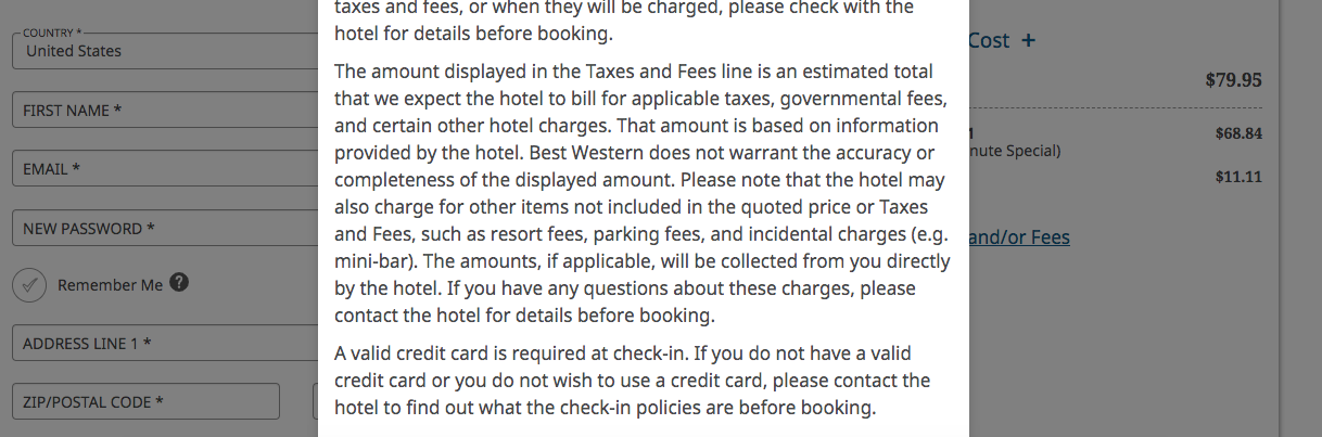 When you click taxes and/or fees you get this note about how the taxes and fees line is ‘estimated’ and it may not include hotel resort fees. and indeed! here no fees are displayed when you click taxes and fees despite the hotel charging FEES.
