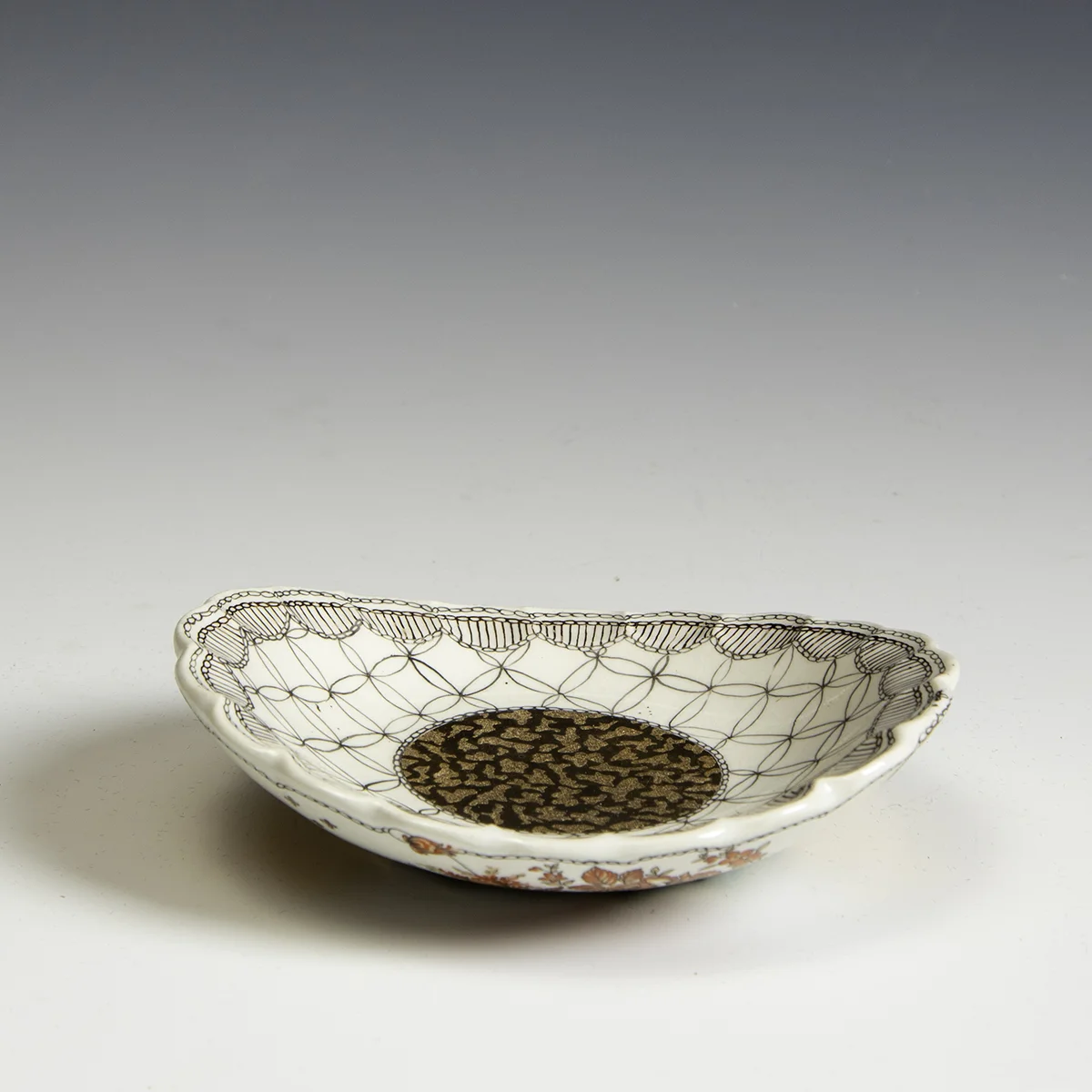 Melanie Sherman -  Porcelain Painted and Decal with Gold Luster Dish - In Tandem Gallery www.intandemgallery - Bakersville NC