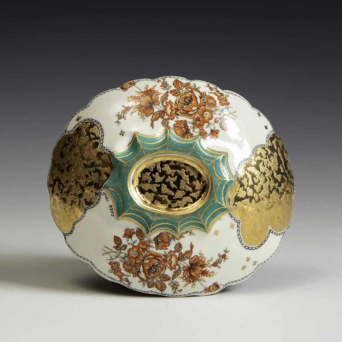 Melanie Sherman -  Porcelain Painted and Decal with Gold Luster Dish - In Tandem Gallery www.intandemgallery - Bakersville NC