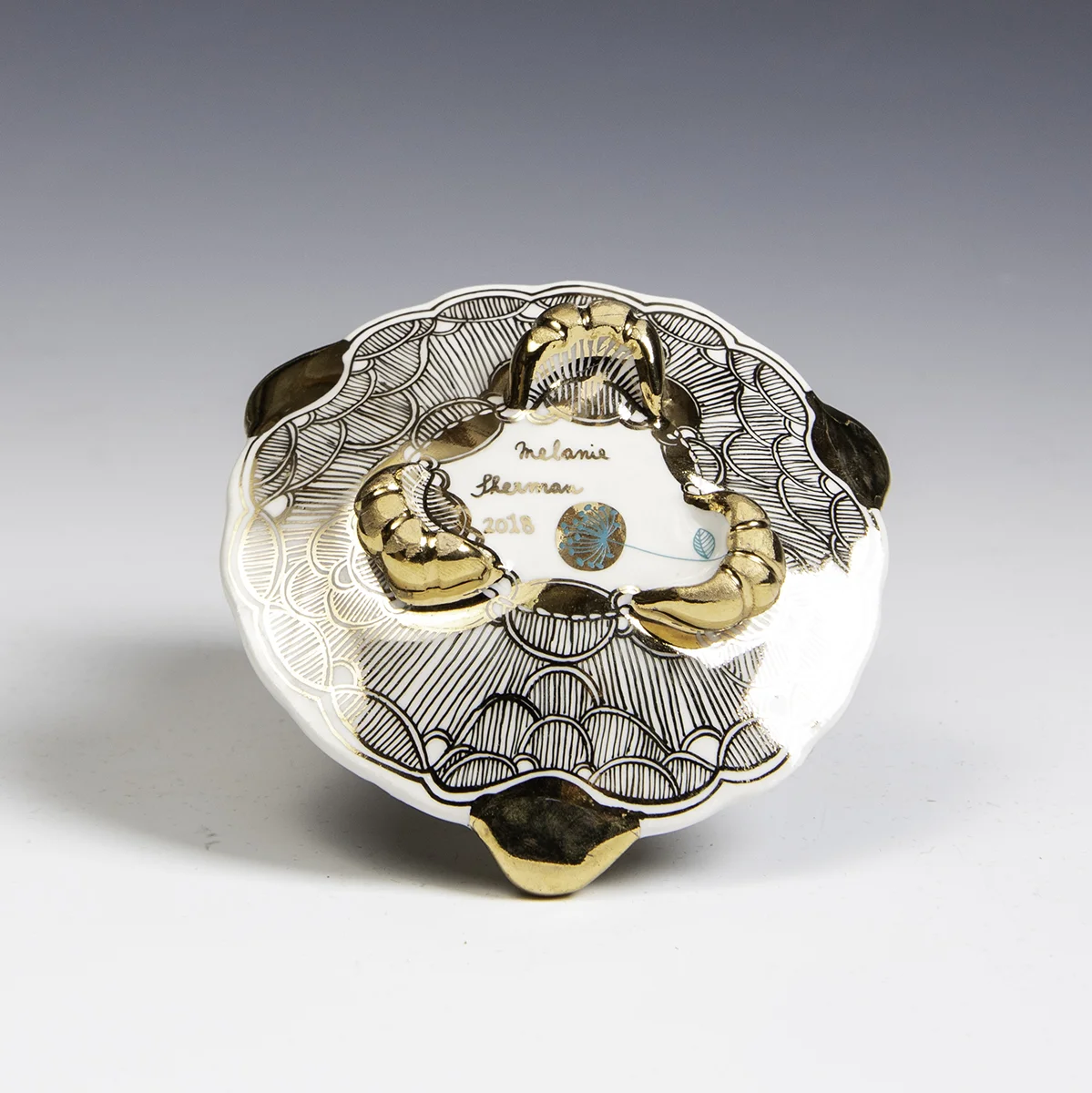 Melanie Sherman -  Porcelain Painted and Decal with Gold Luster Dish - In Tandem Gallery www.intandemgallery - Bakersville NC