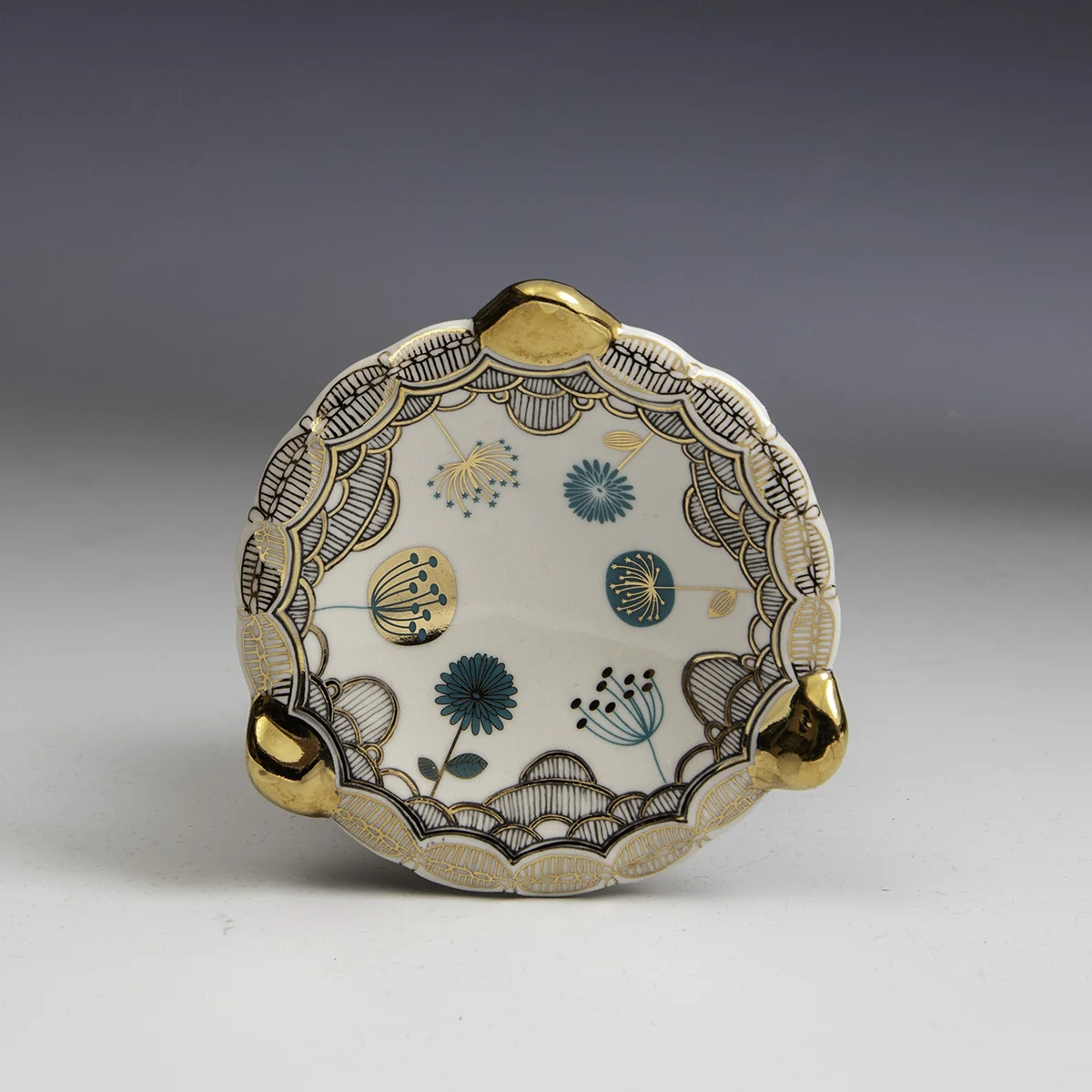 Melanie Sherman -  Porcelain Painted and Decal with Gold Luster Dish - In Tandem Gallery www.intandemgallery - Bakersville NC